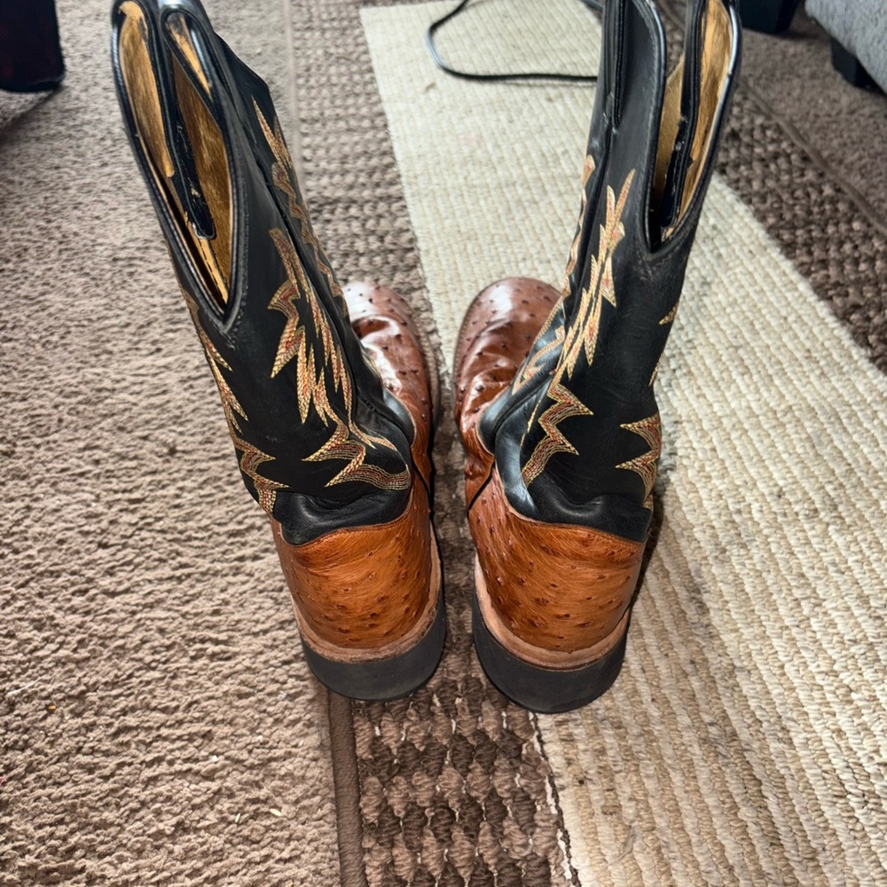 Justin Boots Brown Ostrich Toe Black Embroidered Shaft Western Boots - Picture 4 of 5